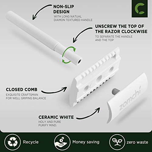 White Double Edge Safety Razor for Women and Men+ 50 Counts Saftey Blades for Shaving
