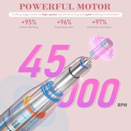 Electric Nail Drill 45000 RPM, Professional Rechargeable Nail File Kit, Nail Drill Machine, Nail Grinder, Acrylic Nail Kit for Any Manicure, Pedicure, Gel Polishing Removing, Pink