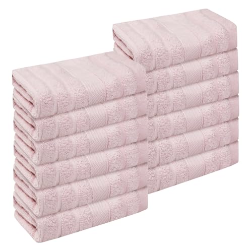 Striped 12 Pack Washcloths, Pure Cotton Face Towels, Comfort Towels for Bathroom, Hotel, Spa 14"x14" Pink