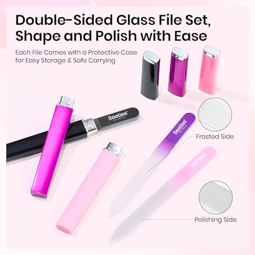 Beetles Glass Nail File for Natural Nails 3 Pack ? Double-Sided Crystal Nail Files with Case Etched Gentle Nails Care for Shaping & Polishing Manicure, Washable Reusable Glass Fingernail Files