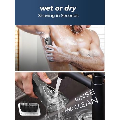 Pubic Hair Trimmer for Man - Cordless Body Hair Trimmer for Men - Electric Ball Shaver with Display & Light - Waterproof Wet/Dry Groomer kit for Groin - 4000K Light - Cosmic Black