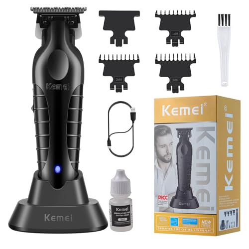 KEMEI 2299 Hair Trimmer for Men with Charging Dock, Professional Cordless T-Blade Clippers for Edging & Lining, Barber Zero Gap Trimmers, USB Rechargeable Kit with Storage Base (Black)