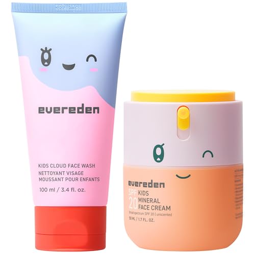 Evereden Kids Healthy Morning Duo: Clean & Vegan Skin Care Bundle | Kids Skin Care Cloud Face Wash + SPF 20 Mineral Face Cream | Non-Toxic | Non-Comedogenic | Fun | Easy-to-Use Skincare for Toddlers