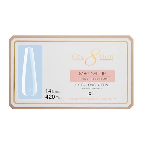 Cre8tion Soft Gel Nail Tips, Extra Long Coffin Shape, 602 Tips in 14 Sizes (00-9) for Professional Nail Extensions