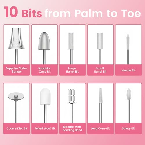 Nail Drill Kit,Black Cordless Electric Nail File with 10 Speed,10 Bits and LED Light,for Acrylic Nails,Gel Polish Removal and Thick Toenails,Easy for Beginners