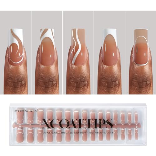 BTArtbox XCOATTIPS Pre-Designed French Gel Nails with Nail Glue & Primer Set