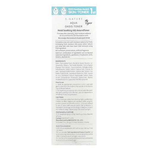 S.NATURE Aqua Oasis Toner | PHA, Soothing and Calming Skin,Hydrating, Refreshing Toner for All Skin Types, Korean Skin Care, Vegan | 300ml, 10.14 Fl Oz