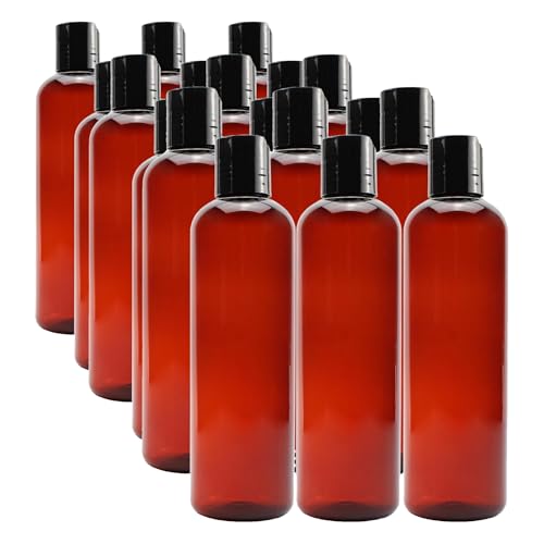 Cornucopia Brands 8oz Plastic Bottles w/Disc Top Flip Cap (18-Pack); BPA-Free Containers For Shampoo, Lotions, Liquid Body Soap, Creams (8 ounce, Amber Brown)