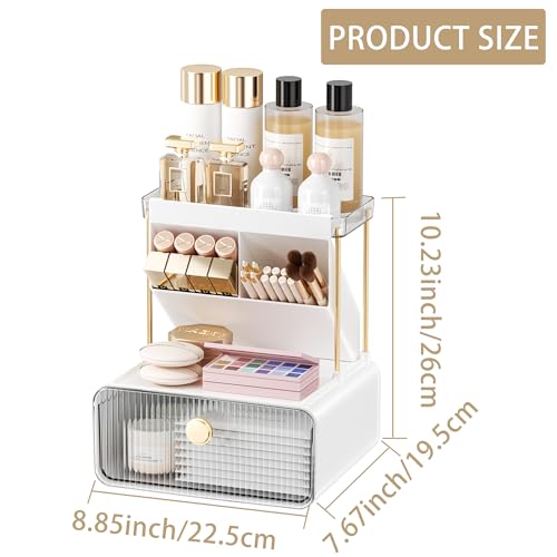 Makeup Organizer with Drawer for Vanity, 2 Tier 5 Zones Cosmetic Display Case Detachable, Cosmetic Storage Perfume Shelf for Bathroom Counter, Perfect Storage Solution for Your Beauty Essential(Clear)