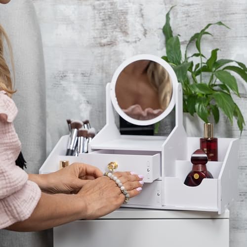 Wooden Makeup Organizer ? Countertop Makeup Organizers with Mirror, Drawers ? Cosmetic Organizer for Brushes, Skincare ? Elegant Make Up Storage Holder for Vanity, Bathroom, Dresser