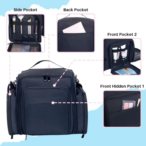 Train Case Makeup Bag Large Cosmetic Organizer with 3 Inner Removable Pouches Multifunctional Travel Makeup Artist Storage,Black