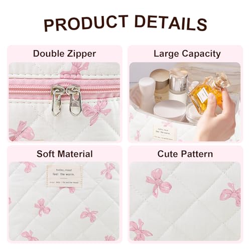 3Pcs Makeup Bag Cotton Quilted Travel Cosmetic Bag Cute Floral Makeup Pouch Large Toiletry Bag for Women Girls (Bow-Pink)