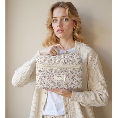 HBselect Quilted Makeup Bag, 3PCS Cotton Large Travel Makeup Bag, Cute Floral Coquette Make up Bag Cosmetic Bag Toiletry Bag for Women Girls