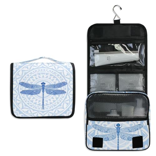 Hanging Toiletry Bag for Women Blue Boho Dragonfly Makeup Bag Travel Essentials Toiletries Organizer Bag Floral Animal Cosmetic Bag Foldable