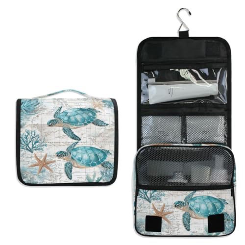 Hanging Toiletry Bag for Women Retro Sea Turtle Makeup Bag Travel Essentials Toiletries Organizer Bag Nautical Theme Map Cosmetic Bag Foldable