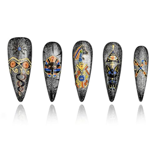 FORBELOVED NAILS.Glitter Cat Eyes Silvery Y2K Handmade Press On Nails,Long Stiletto Glue On Nails,Hand-Painted Gold Foil Bastet False Nails For Women And Girls,10Pcs/Set With Glue,(Silvery-L),FOB