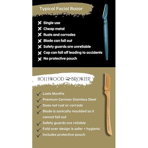 Hollywood Browzer Hair Removal and Dermaplaner - Eyebrow Razor for Women - Removes Peach Fuzz - Travel Size Eyebrow Grooming Kit - Gold - 1 pc