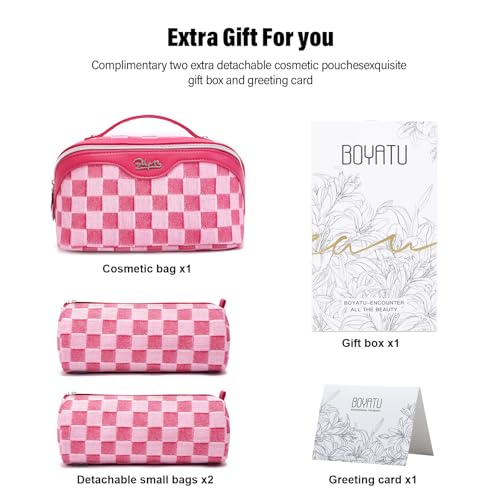 BOYATU Travel Makeup Bag for Women: Large Cosmetic Bag Set of 3 - PU Leather Make up Bag with Compartments - Compact Waterproof Toiletry Bag with Divider & Handle (D-4-Red)