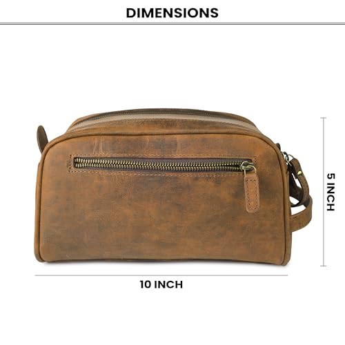 Rasavi Genuine Leather Travel Toiletry Bag, Handcrafted Vintage Water-Resistance Dopp Kit, Large Shaving & Bathroom Organizer - Gift for Men & Women - Distressed Brown