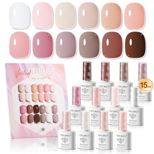 Modelones 15ML Gel Nail Polish Set 12Pcs, Nude Pink Milky White Beige Skin Tones Neutral Brown Hema-free Gel Polish Spring Kit Same Color Same Bottle Soak Off Gel Polish Set Manicure Nail Art