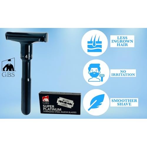 G.B.S Black Adjustable Men's Double Edge Safety Razor and 10 G.B.S Platinum Blade Refills