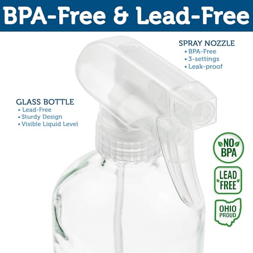 Sally's Organics¢ç Empty Clear Glass Spray Bottles - Refillable 16 oz Containers for Essential Oils, Cleaning Products, Aromatherapy, Misting Plants, or Cooking - Sprayer with Mist and Stream - 2 Pack