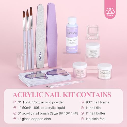 SAVILAND Acrylic Nail Kit Starter Set: Acrylic Nail Kit for Beginners with Everything White Pink Clear Acrylics Powder and Liquid Set #8/10/14 Nail Brush Forms Manicure Tools Home Nail Salon DIY
