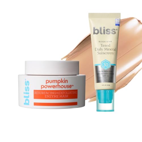 Bliss Resurface and Protect 2pc: Face Mask Skin Care | Clean | Paraben Free | Cruelty-Free | Vegan (Pumpkin Powerhouse - Resurfacing) Block Star Tinted Face Sunscreen SPF 30-1.4 fl oz