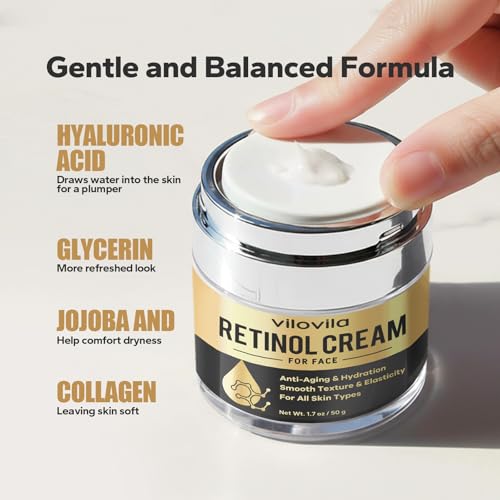 Retinol Cream For Face (1.7 Oz), Retinoids For Facial, Anti Aging Face Cream with Retinol & Hyaluronic Acid, Day & Night Facial Moisturizer for Women & Men, Hydrating Creams for Fine Lines