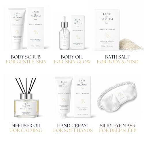 Royal Retreat Luxury Spa Gift Box, Cedar and Neroli Bath and Body Gift Set for Women, Relaxing Home Spa Kit with Bath Salt, Body Scrub, Body Oil, Hand Cream, Eye Mask and More