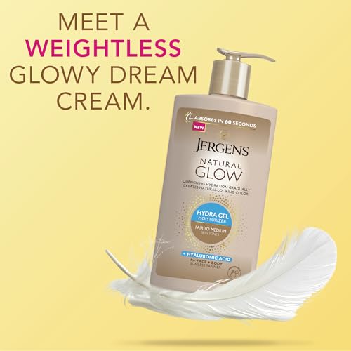 Jergens Natural Glow Hydra Gel Moisturizer, Hyaluronic Acid Tanning Lotion, Hydrating Tanning Gel, Fragrance-Free Self Tanner, Fair to Medium Skin Tones, 8.3 Fl Oz