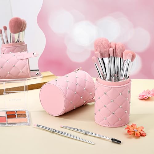Baderke 11 Pcs Elegant Pink Soft Labeled Christmas Makeup Brushes Sets with Brush Holder Rhinestone Makeup Set with Silver Pink Foundation Powder Blush Blending Contour Brush