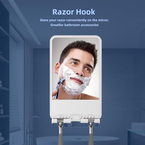 Shower Mirror for Shaving Fogless with Multifunctional Storage for Razor and Shaving Foam Canister, Adhesive or Screw Optional Installation,Adjustable Angle, White