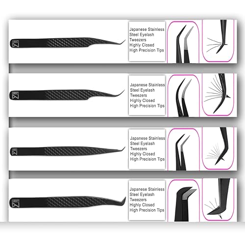M LASH Tweezers for Eyelash Extensions (Set of 4) - Professional Lash Extension Tweezers - Fiber Tip, Japanese Steel, Diamond Grip Eyelash Extension Tweezer (Black)