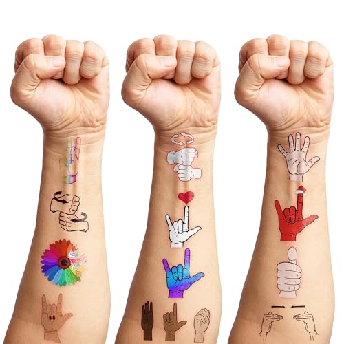 107 PCS ASL Temporary Tattoos Themed Birthday Party Decorations Favors Supplies D?cor Funny American Sign Language Colorful Tattoo Stickers Gifts for Game Boys Girls Classroom School Prizes Reward