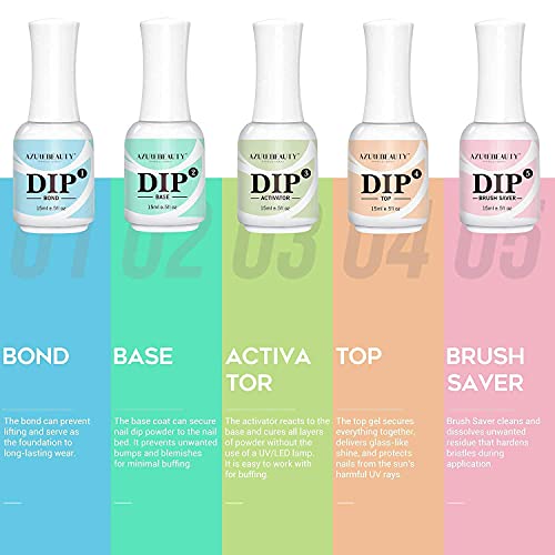 AZUREBEAUTY Dipping Powder Clear Color 2OZ with 5+3 Pcs Dipping Powder Liquid Set- 15ml Large Capacity Dip Powder Base & Top, Bond, Activator, Brush Saver for Dip Powder Nail Kit No Nail Lamp Needed