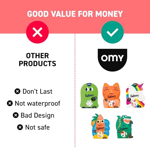 Omy Kawaii Temporary Tattoos for Kids - 50 Cute & Colorful Designs | Safe, Long-Lasting & Easy to Apply | Age 3 and Up