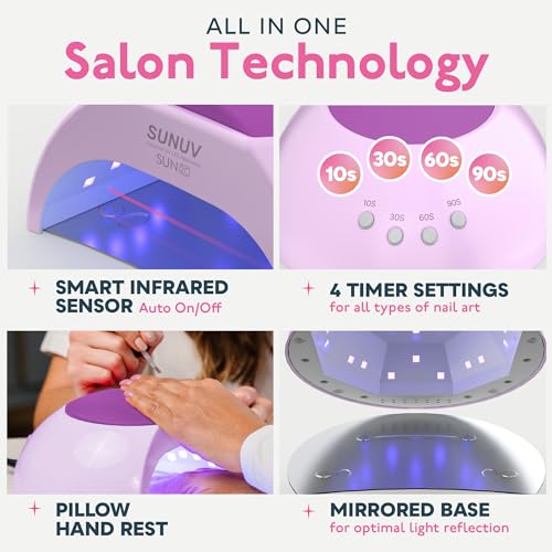 SUNUV 48W UV Light for Nails, 15ml Top and Base Coat Gel Polish Set Home and Salon Use SUN2C Purple
