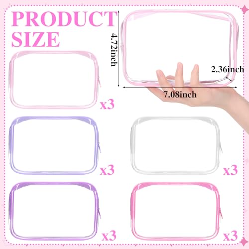 15 Pcs Clear Makeup Bag with Zipper PVC Toiletry Bag Portable Waterproof Make up Pouches Clear Makeup Case Organizer for Women Travel Toiletries Bathroom Organizing (Pink and Purple)