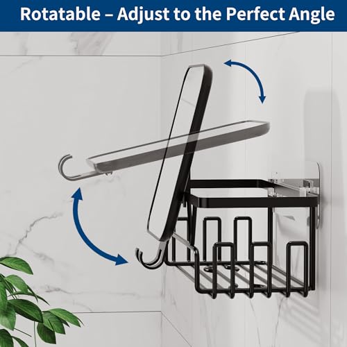 KEGII Fogless Shower Mirror for Shaving with Razor Holder, 4 Pack Adhesive Shower Caddy Set with Soap Holder & Hooks, No-Drill Rustproof Bathroom Organizer, Black