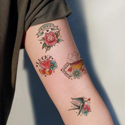 CARGEN Cool Classic Temporary Tattoos - Skull Sword Bird Rose Script Sailor Diamond Old School Traditional Realistic Temporary Tattoos Fake Tattoos Great for Adults Women Men Kids on Arm Leg Face