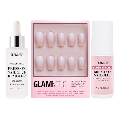 Glamnetic Press-On Nails - Creamer | Super Strong Brush On Glue & Press-On Nail Remover | Neutral Ombre Short Round Nails | 15 Sizes - 30 Nail Kit with Glue and Remover