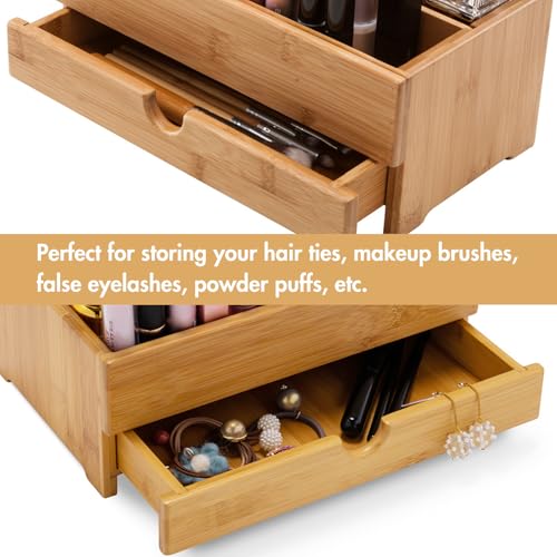 GOBAM Bamboo Makeup Organizer and Storage with Drawer, Wooden Cosmetic Organizer Countertop for Bathroom, Bedroom, Kitchen & Dresser, Desk Organizer with Drawers and Make up Vanity Station - Medium