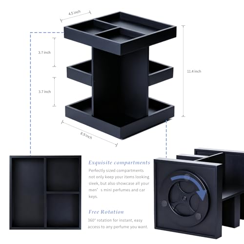 Rotating Cologne Organizer for Men, 3-Tier Large Capacity Wooden Perfume Stand with 360¡Æ Display, Desk & Dresser Organizer for Cologne, Watches & Accessories, Gift for Husband, Dad & Men (Black)