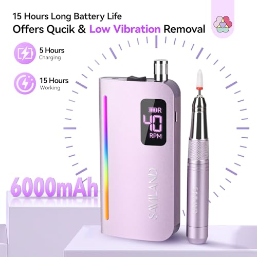SAVILAND Advance Nail Drill Professional: 40000 RPM Powerful Torque Electric Nail File Low Vibration with Rainbow Light 15H Long Battery Life Coreless Motor Quiet for Quick Acrylic Removal PRO Salon