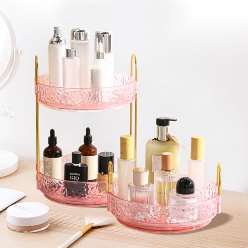 Fangoo 3 Tiers Pink Rotating Makeup Organizer for Vanity, 360 Spinning Skincare Organizers for Dresser Perfume Organizer Large Skincare Make Up Storage Cosmetic Organizer for Bathroom Countertop