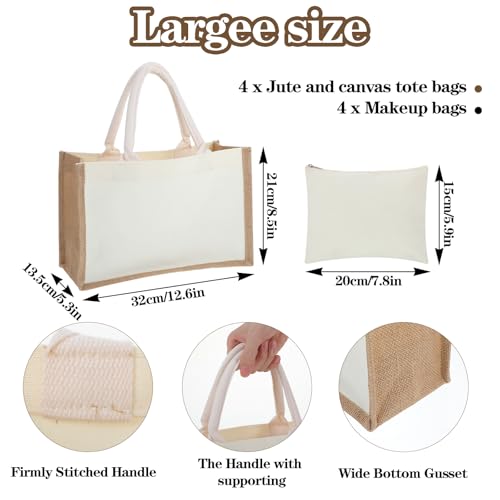 4 Sets Natural Burlap Tote Bags with Handles & Canvas Makeup Pouch, Reusable Jute Tote Bag for Wedding, Beach, Shopping, DIY Craft Blank Burlap Gift Bags with Handles