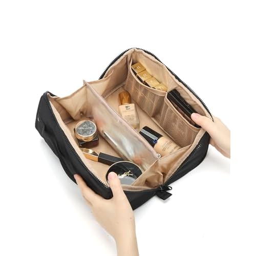 NISHEL Travel Makeup Bag for Women, Fluffy & Lightweight Open Flat Cosmetic Organizer with Multiple Functional Divider for Brush Independent Storage, Handle for Easy Portability, Large, Black
