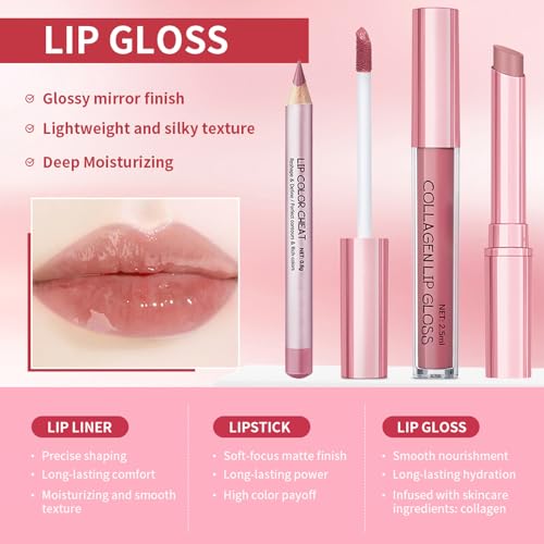 3PCS Matte Liquid Lipstick Long Lasting Tinted Lip Balm & Lip Liner Set, Hydrating Lip Stain Non-Sticky, Lip Gloss for Women, Waterproof Lipstick Makeup