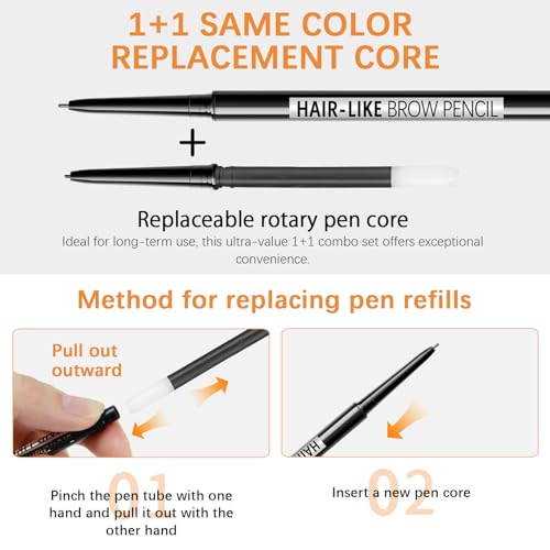 Browcharm Microblading Brow Pencil, 0.9mm Fine Tip, Waterproof Eyebrow Pencil, with 1+1 Same Color Refills, Shapes, Defines, Fills, and Contours for Full, Natural-Looking Brows (05 Deep Brown)